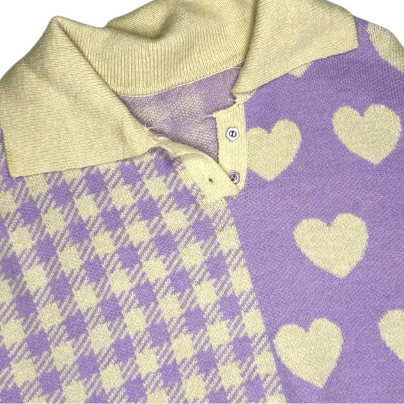 Kawaii Colorblock Womens Large Heart Plaid Purple Collar Sweater - Picture 4 of 4